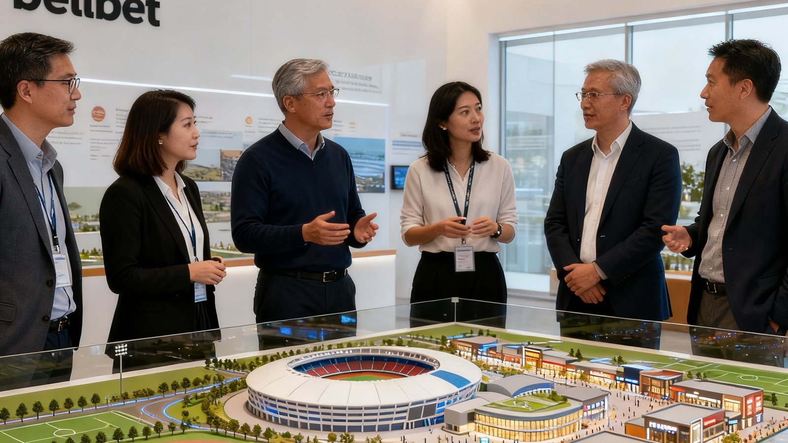 bellbet咨询团队展示体育小镇规划沙盘,包含运动场馆和商业区